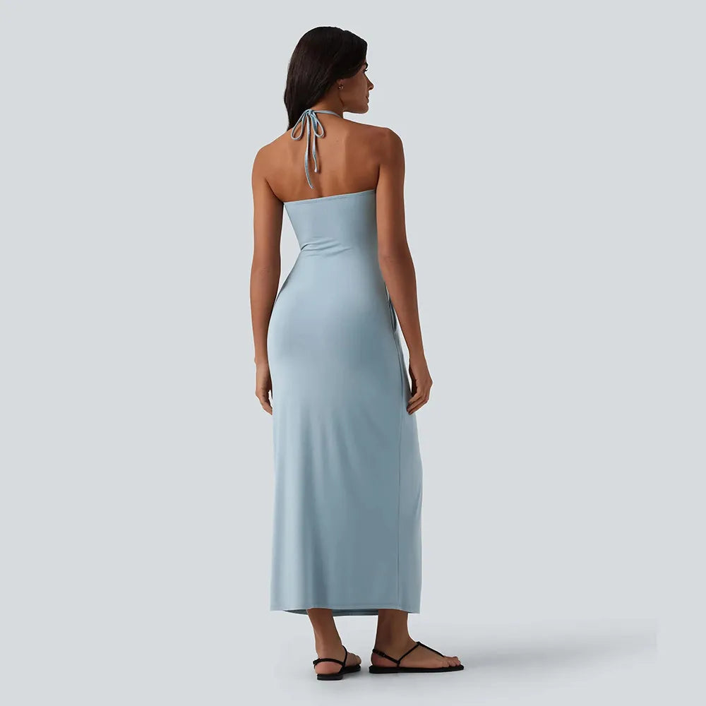 Women's Halter Tie-Back Maxi Dress with Pockets – Flowy Summer Vacation Dress