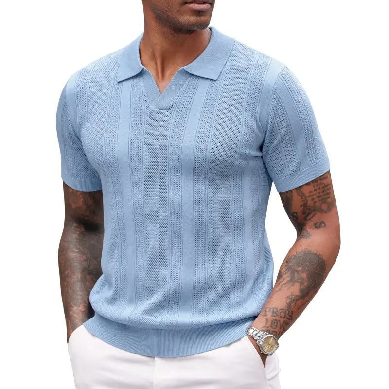 Mens Knit Polo Shirts V Neck Textured Polo Shirts Short Sleeve Breathable Polo Casual Collared T Shirt Fashion Tops