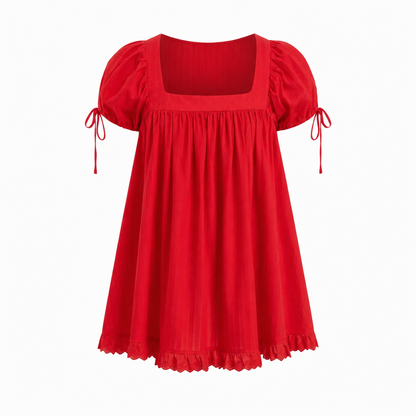 Women’s Square Neck Puff Sleeve Blouse – Ruffle Trim Tie Detail Summer Casual Top, Feminine Short Sleeve Shirt