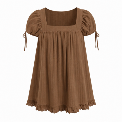 Women’s Square Neck Puff Sleeve Blouse – Ruffle Trim Tie Detail Summer Casual Top, Feminine Short Sleeve Shirt