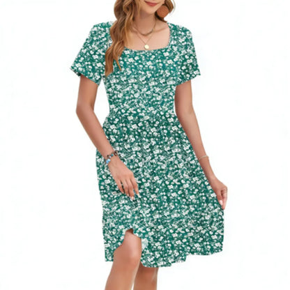🌴 Vacation-Ready Floral Sundress – Square Neck Ruffle Sleeve Dress with Pockets