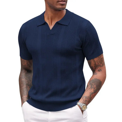 Mens Knit Polo Shirts V Neck Textured Polo Shirts Short Sleeve Breathable Polo Casual Collared T Shirt Fashion Tops