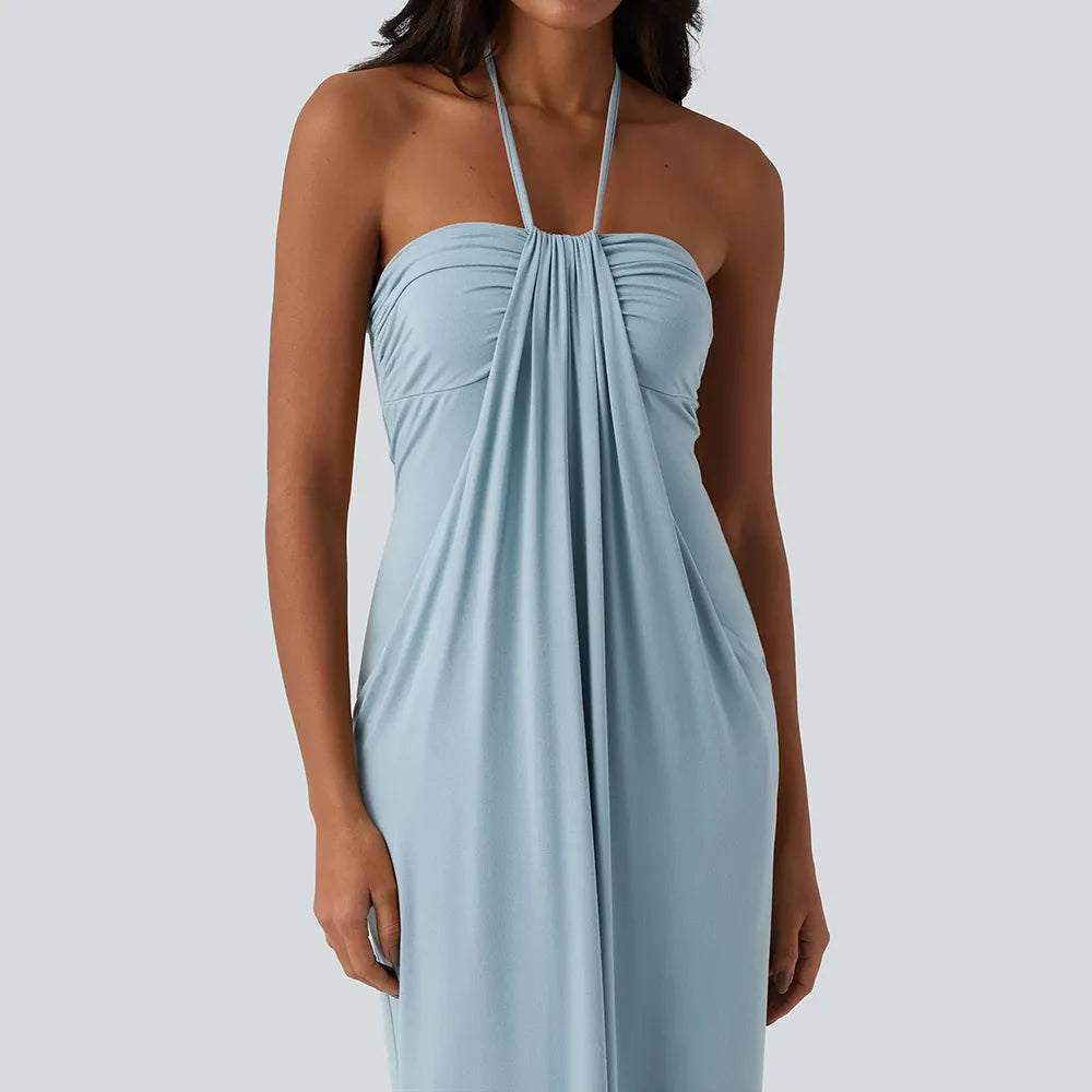 Women's Halter Tie-Back Maxi Dress with Pockets – Flowy Summer Vacation Dress