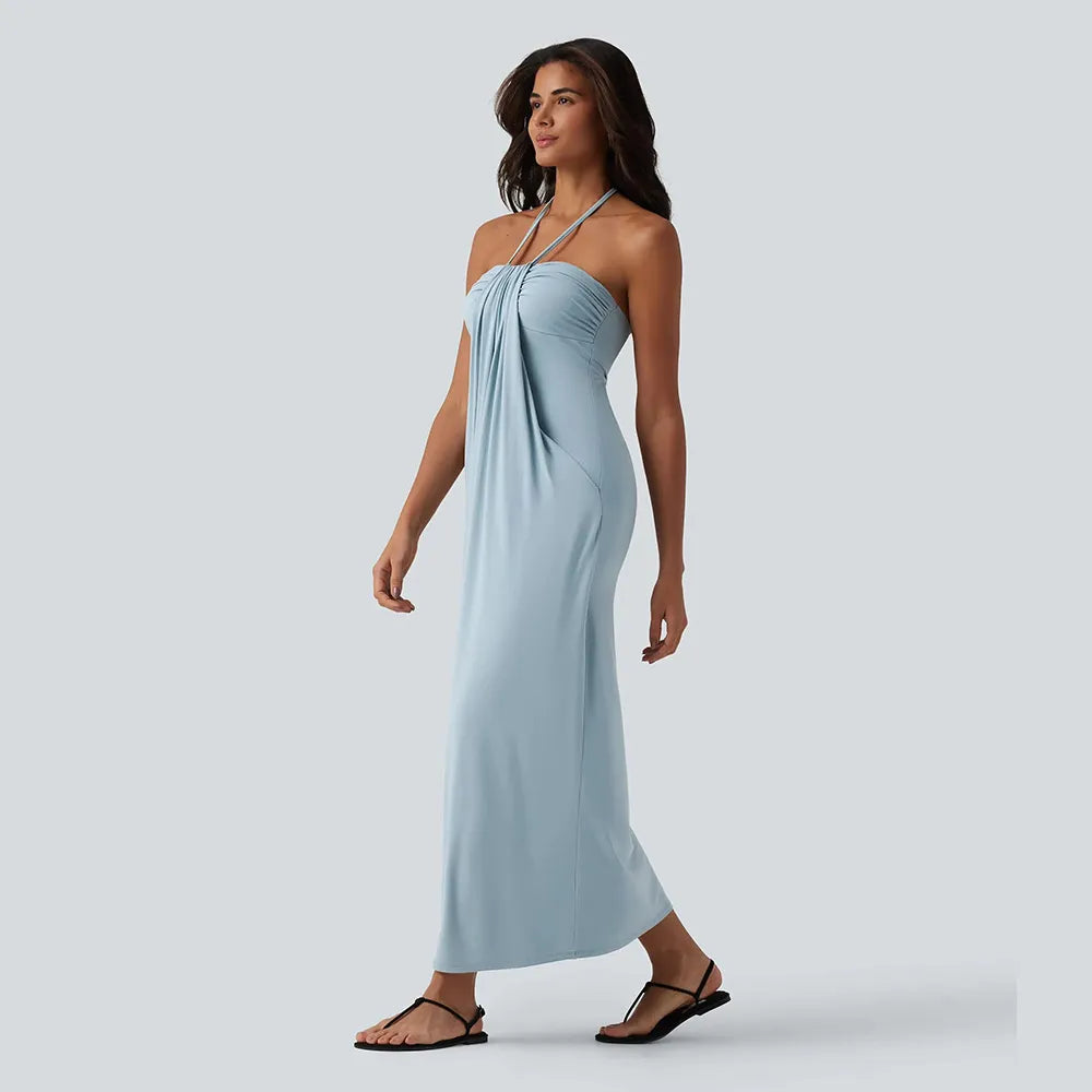 Women's Halter Tie-Back Maxi Dress with Pockets – Flowy Summer Vacation Dress