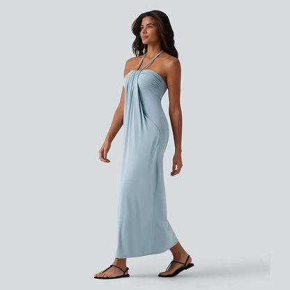 Women's Halter Tie-Back Maxi Dress with Pockets – Flowy Summer Vacation Dress