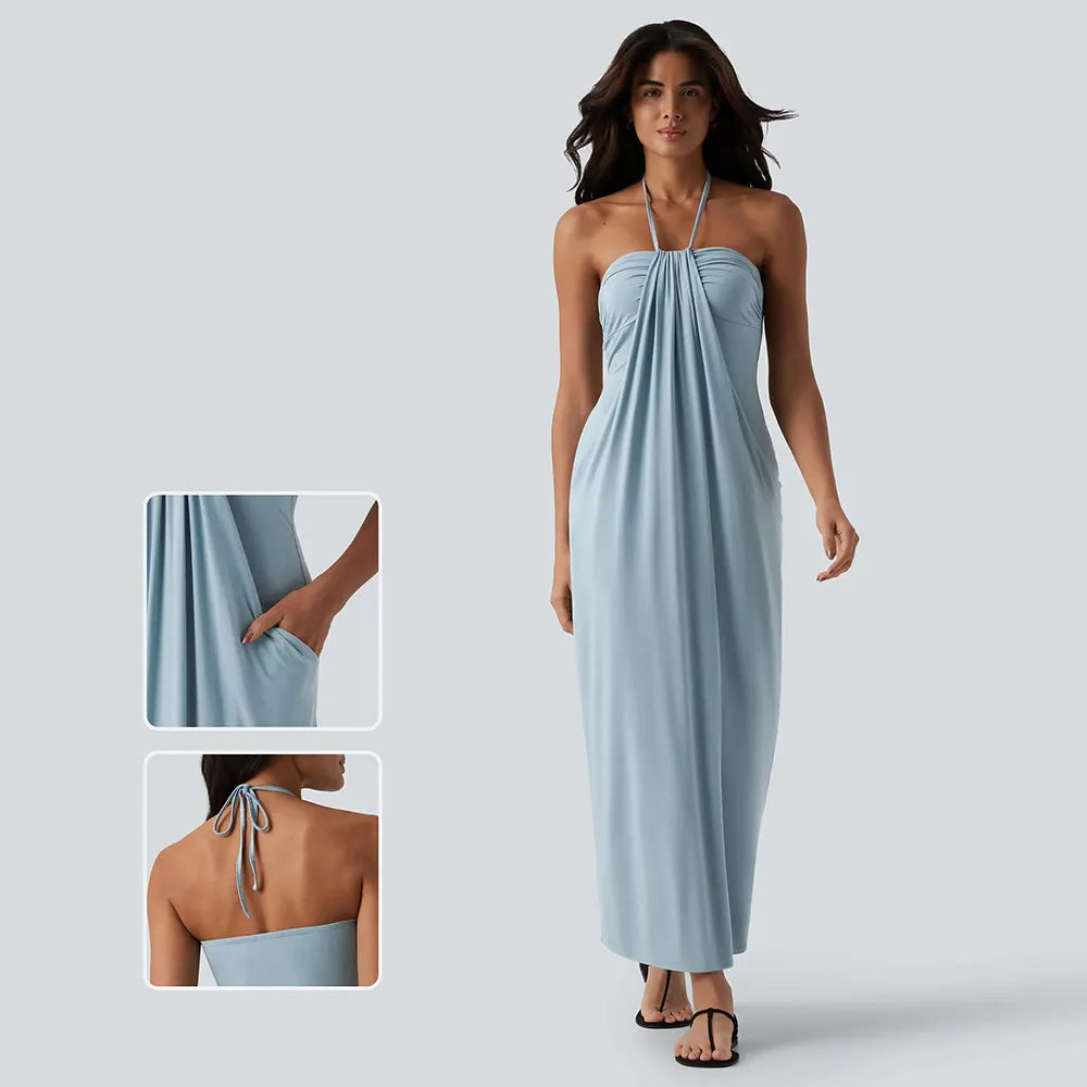 Women's Halter Tie-Back Maxi Dress with Pockets – Flowy Summer Vacation Dress