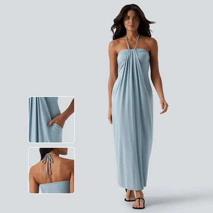 Women's Halter Tie-Back Maxi Dress with Pockets – Flowy Summer Vacation Dress