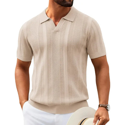 Mens Knit Polo Shirts V Neck Textured Polo Shirts Short Sleeve Breathable Polo Casual Collared T Shirt Fashion Tops