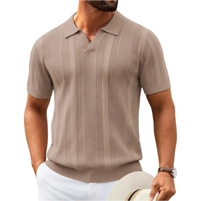 Mens Knit Polo Shirts V Neck Textured Polo Shirts Short Sleeve Breathable Polo Casual Collared T Shirt Fashion Tops