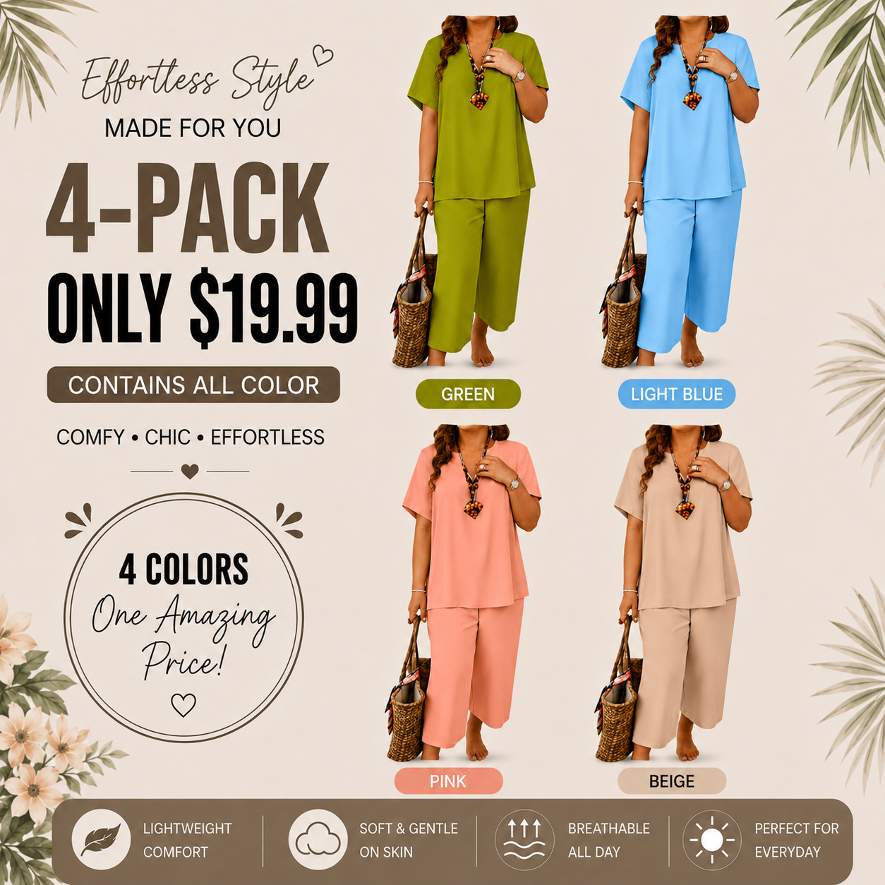 Women’s Casual Solid Short Sleeve Top & Wide Leg Pants 2-Piece Lounge Set
