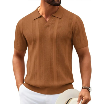 Mens Knit Polo Shirts V Neck Textured Polo Shirts Short Sleeve Breathable Polo Casual Collared T Shirt Fashion Tops