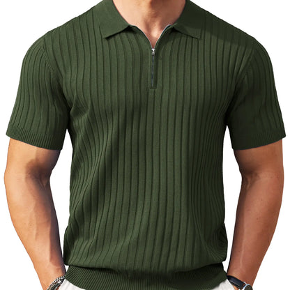 Men's Zipper Polo Shirts Short Sleeve Ribbed Knit Polo T Shirts Fashion Casual Golf Shirts Fabric Menswear Classic
