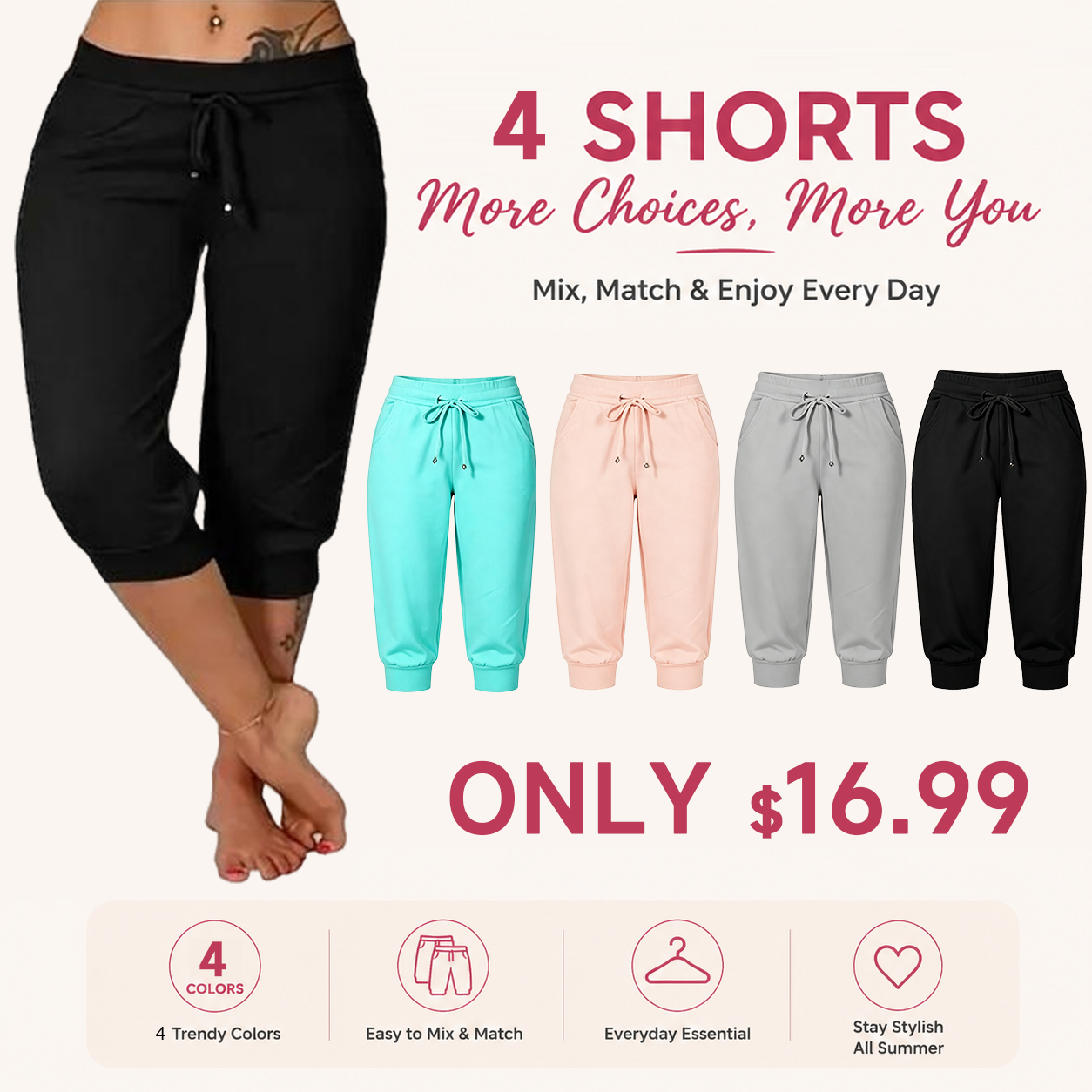🔥Hot Summer Sale🔥Women's Drawstring Capri Pants with Pockets for Casual Comfort Wear
