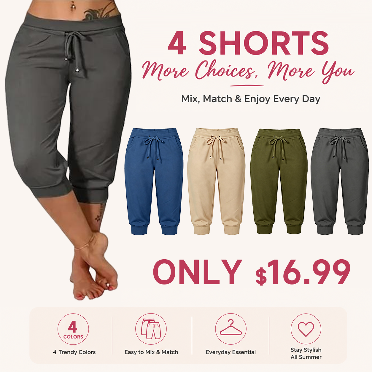 🔥Hot Summer Sale🔥Women's Drawstring Capri Pants with Pockets for Casual Comfort Wear