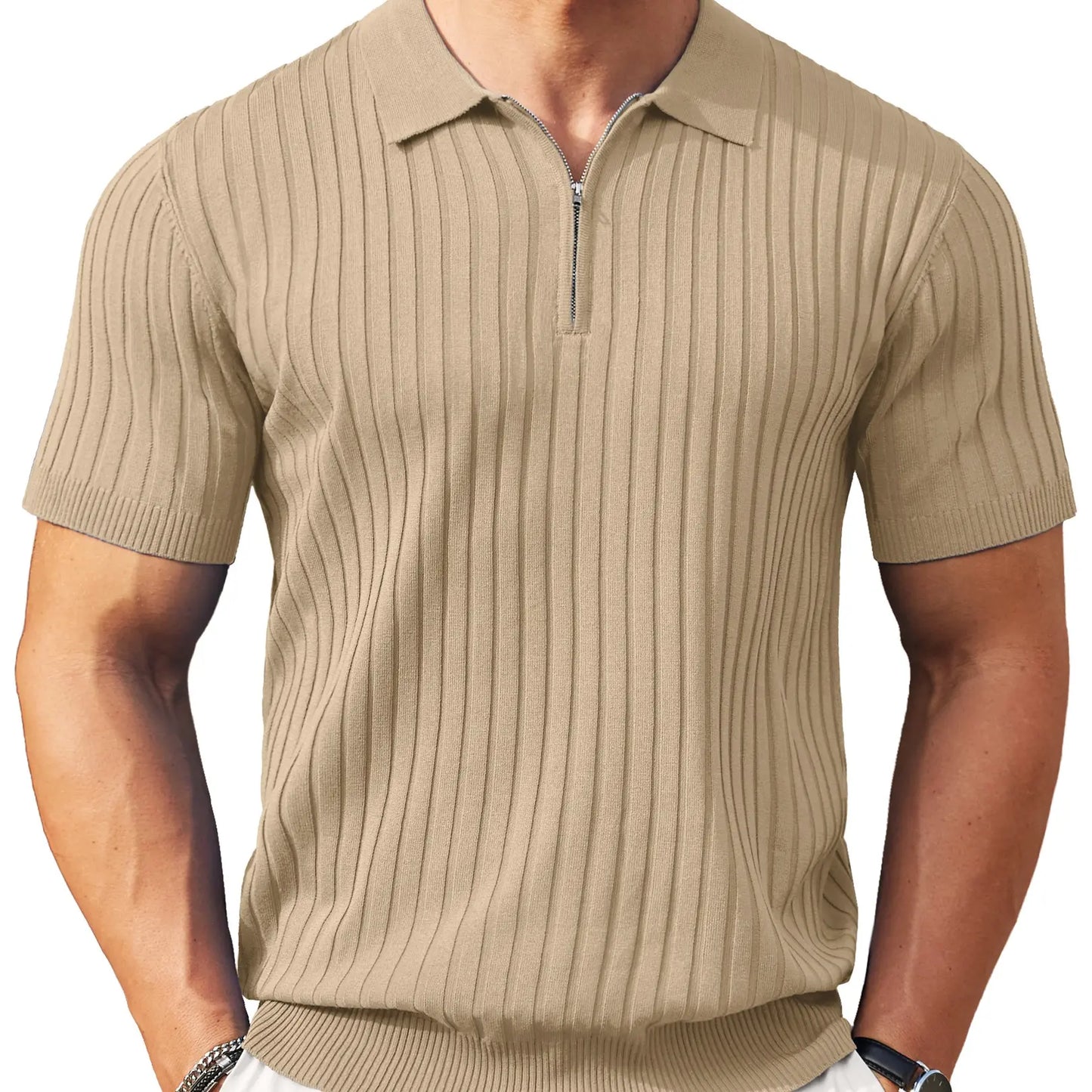 Men's Zipper Polo Shirts Short Sleeve Ribbed Knit Polo T Shirts Fashion Casual Golf Shirts Fabric Menswear Classic