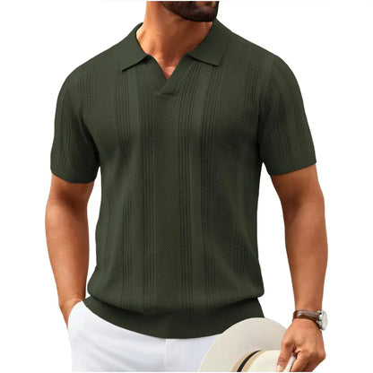 Mens Knit Polo Shirts V Neck Textured Polo Shirts Short Sleeve Breathable Polo Casual Collared T Shirt Fashion Tops