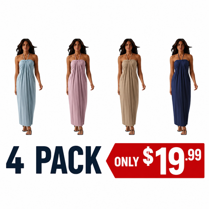 Women's Halter Tie-Back Maxi Dress with Pockets – Flowy Summer Vacation Dress