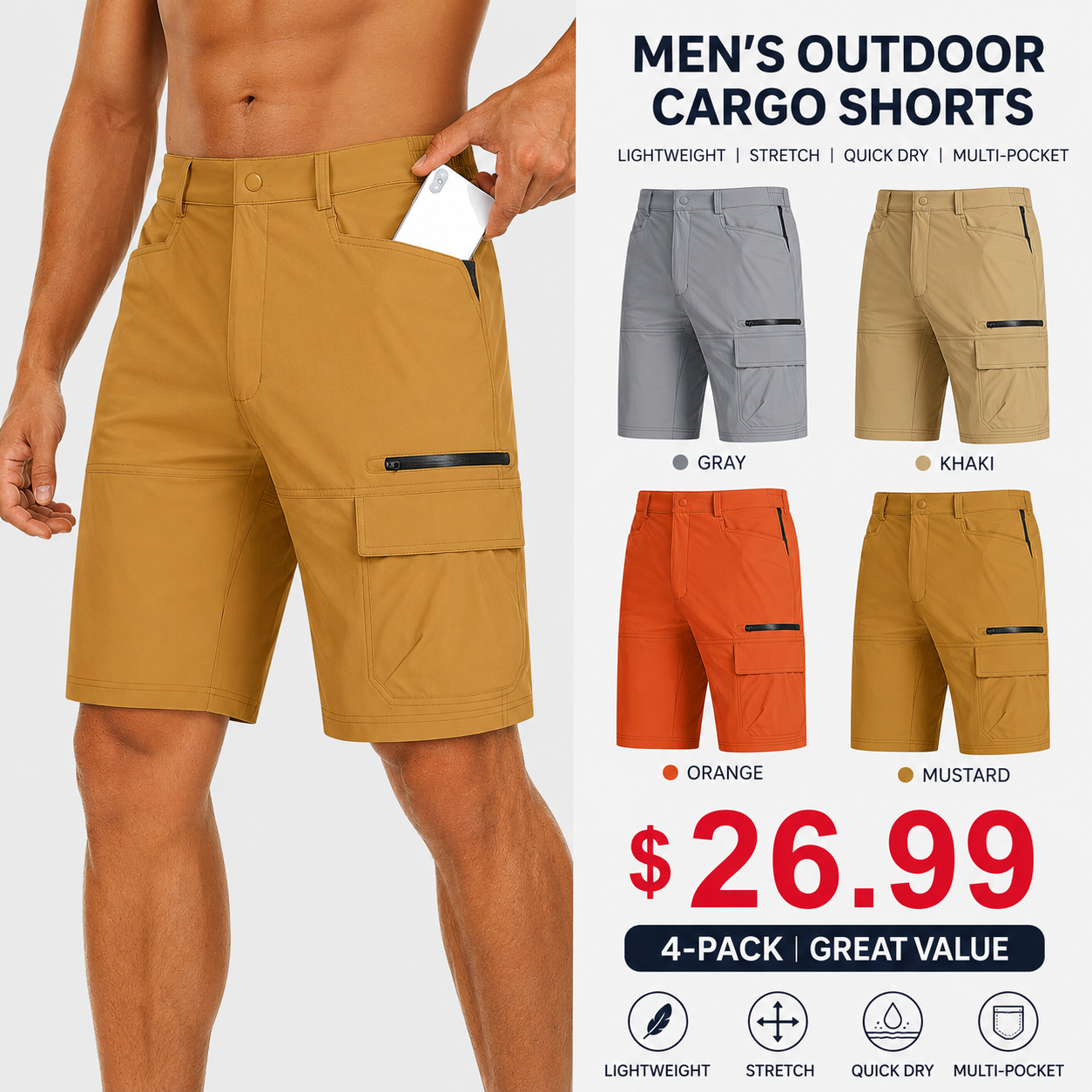 Men's 9" Casual Cargo Shorts, Lightweight Quick