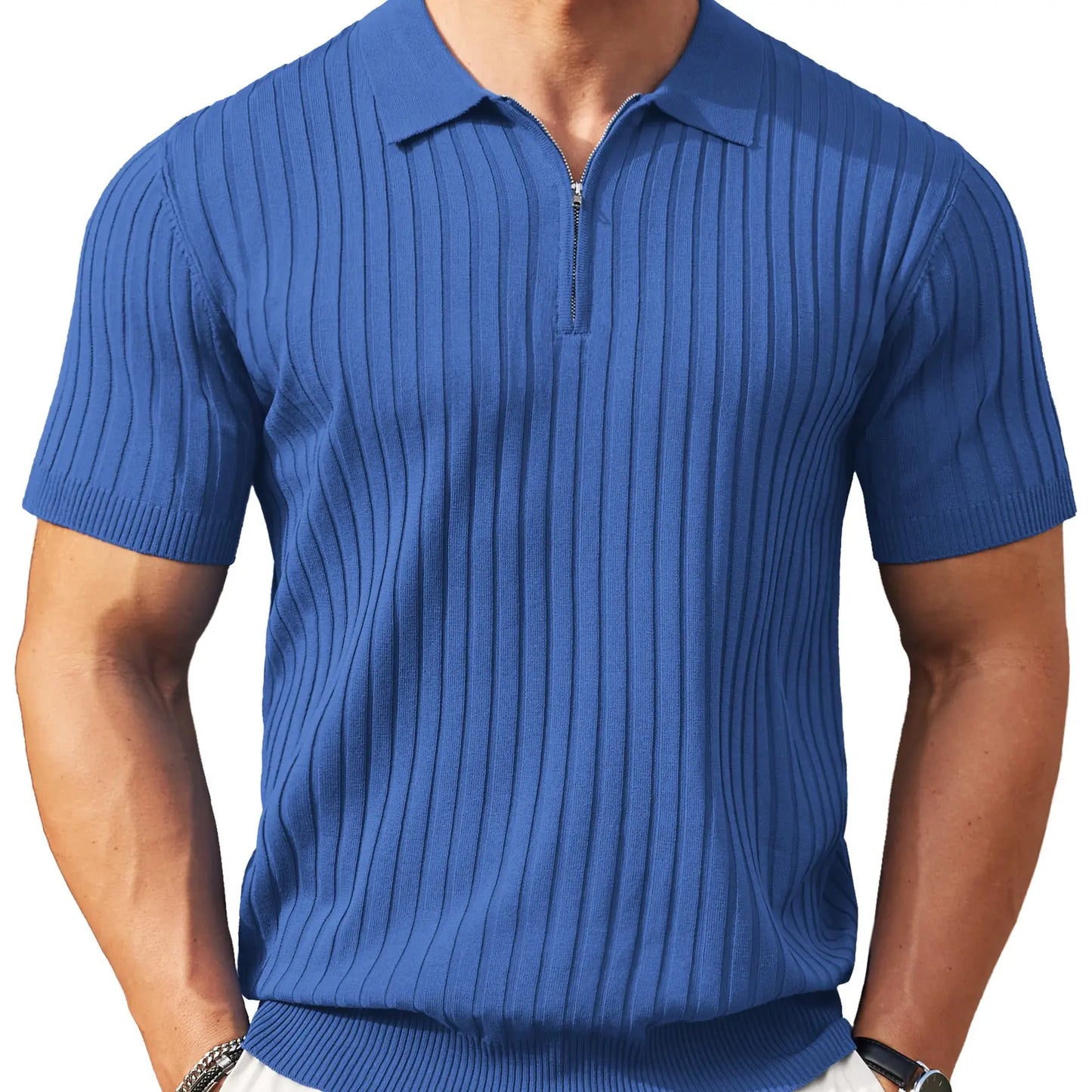 Men's Zipper Polo Shirts Short Sleeve Ribbed Knit Polo T Shirts Fashion Casual Golf Shirts Fabric Menswear Classic