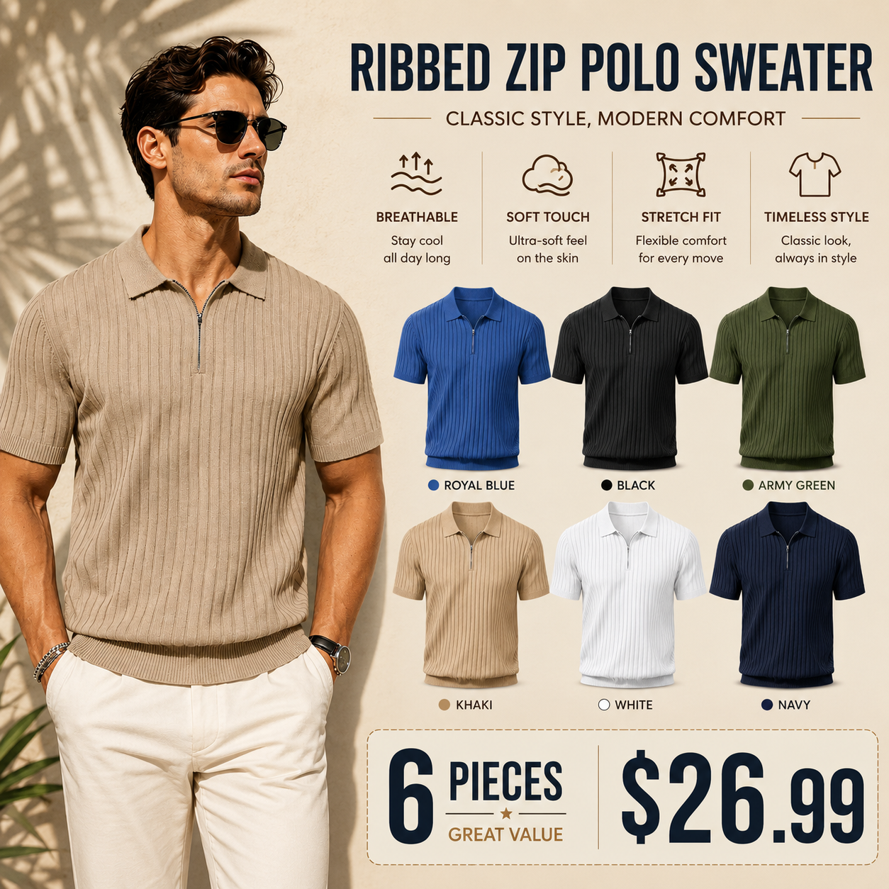 Men's Zipper Polo Shirts Short Sleeve Ribbed Knit Polo T Shirts Fashion Casual Golf Shirts Fabric Menswear Classic