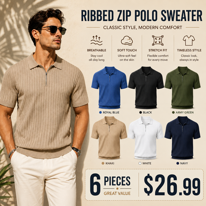 Men's Zipper Polo Shirts Short Sleeve Ribbed Knit Polo T Shirts Fashion Casual Golf Shirts Fabric Menswear Classic