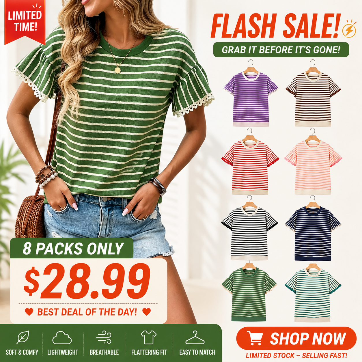 🏆Best-Selling Striped Ruffle Sleeve Tee for Summer 2026