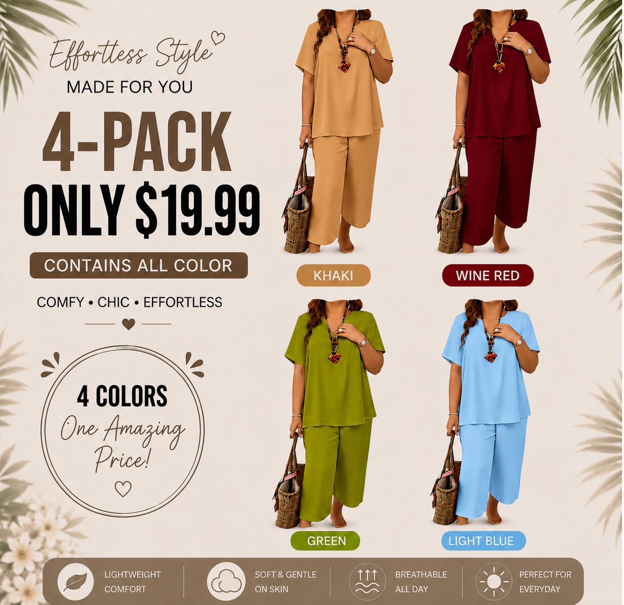 Women’s Casual Solid Short Sleeve Top & Wide Leg Pants 2-Piece Lounge Set