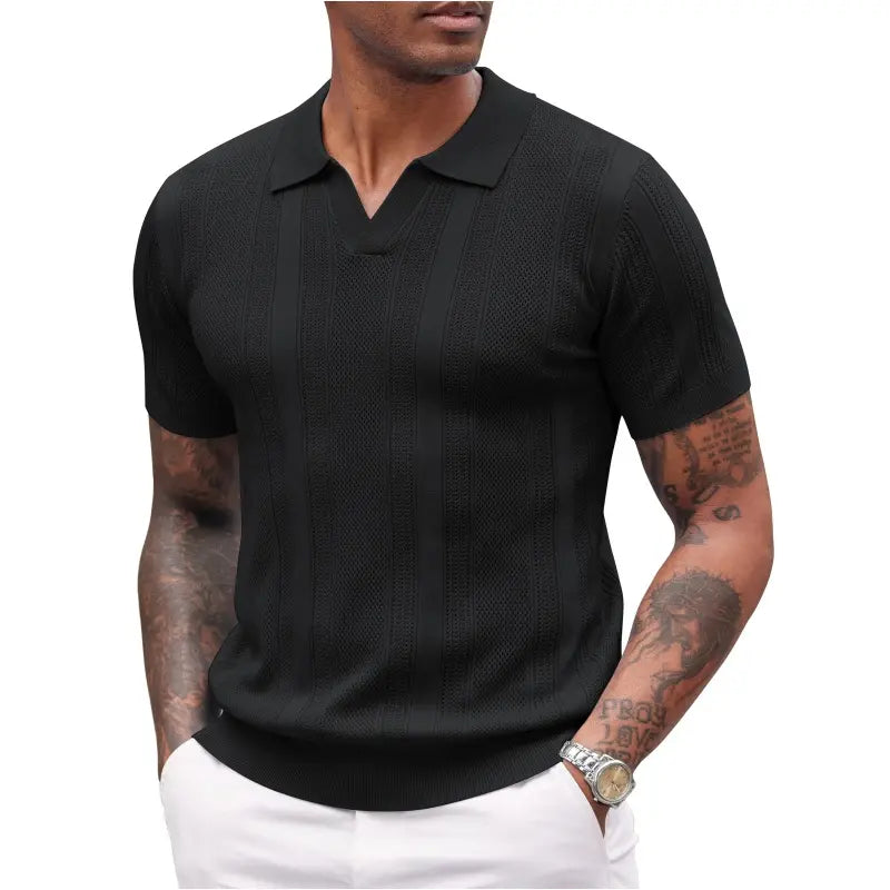 Mens Knit Polo Shirts V Neck Textured Polo Shirts Short Sleeve Breathable Polo Casual Collared T Shirt Fashion Tops