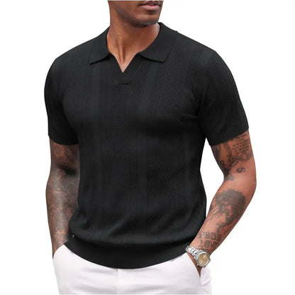 Mens Knit Polo Shirts V Neck Textured Polo Shirts Short Sleeve Breathable Polo Casual Collared T Shirt Fashion Tops