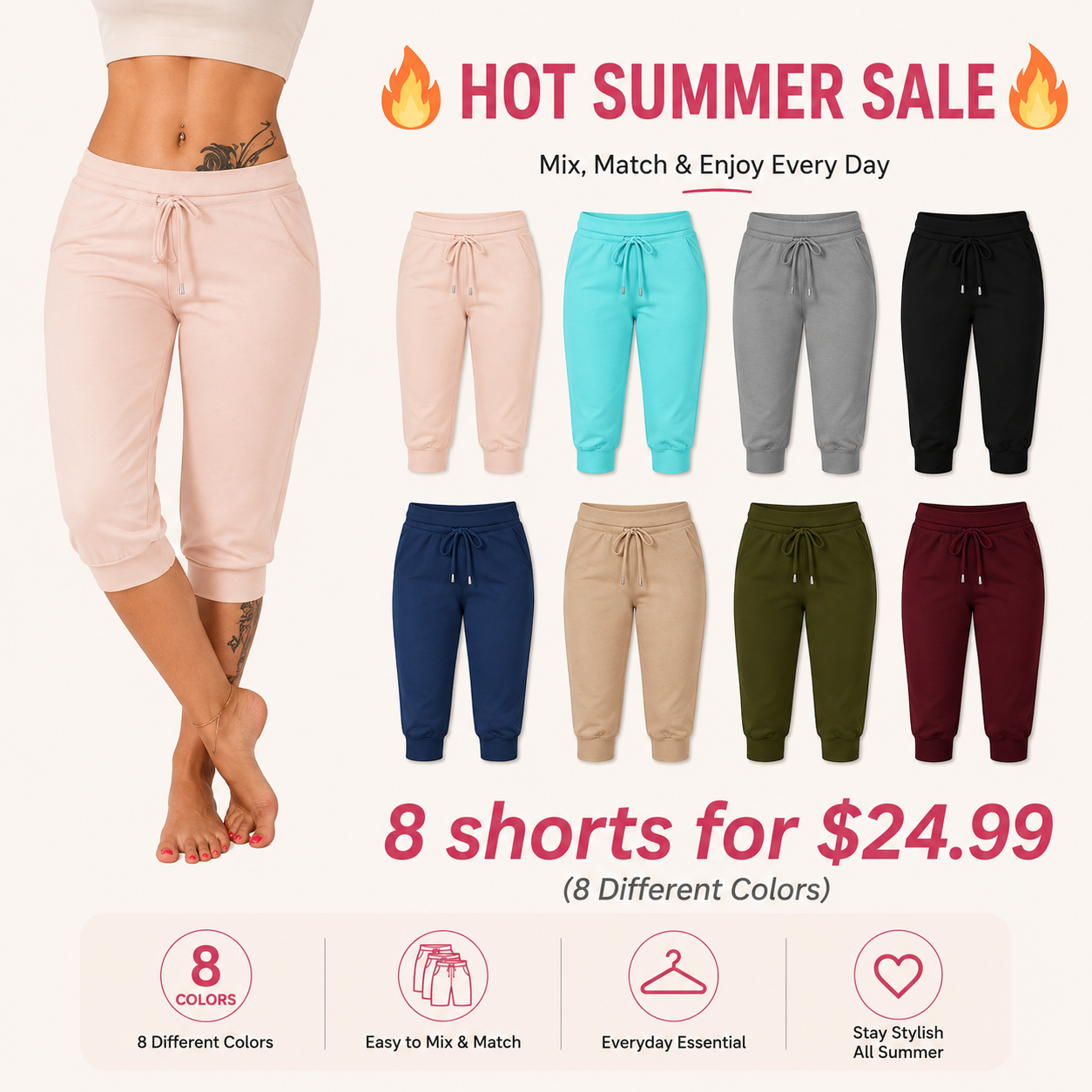 🔥Hot Summer Sale🔥Women's Drawstring Capri Pants with Pockets for Casual Comfort Wear