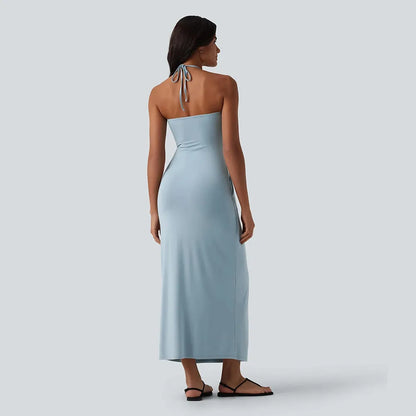 Women's Halter Tie-Back Maxi Dress with Pockets – Flowy Summer Vacation Dress