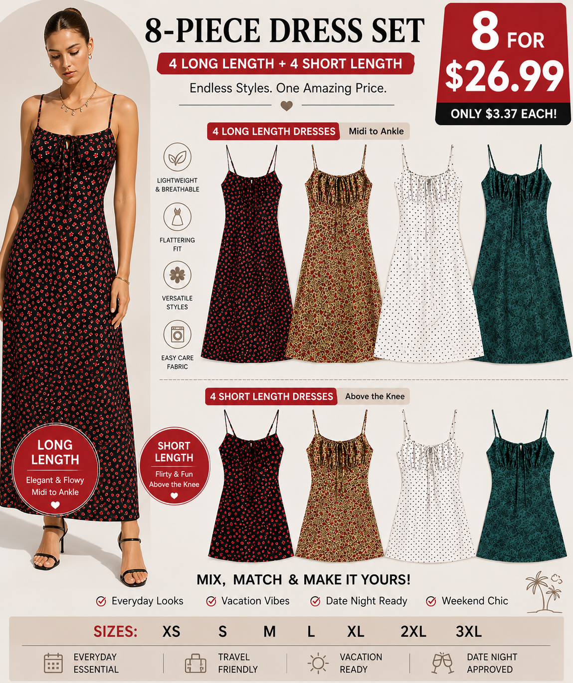 Women's Floral Slip Dress – Lightweight Sleeveless Summer Midi Dress