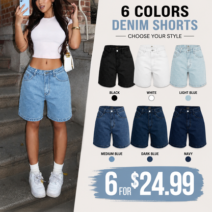 Loose-Fitting Denim Medium Wash Button Shorts for Women, Retro Style Casual Bermuda Shorts, Summer Essential Fashion Streetwear, Womenswear, Bottom