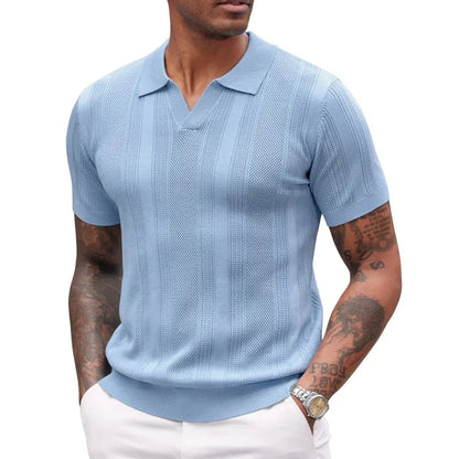 Mens Knit Polo Shirts V Neck Textured Polo Shirts Short Sleeve Breathable Polo Casual Collared T Shirt Fashion Tops