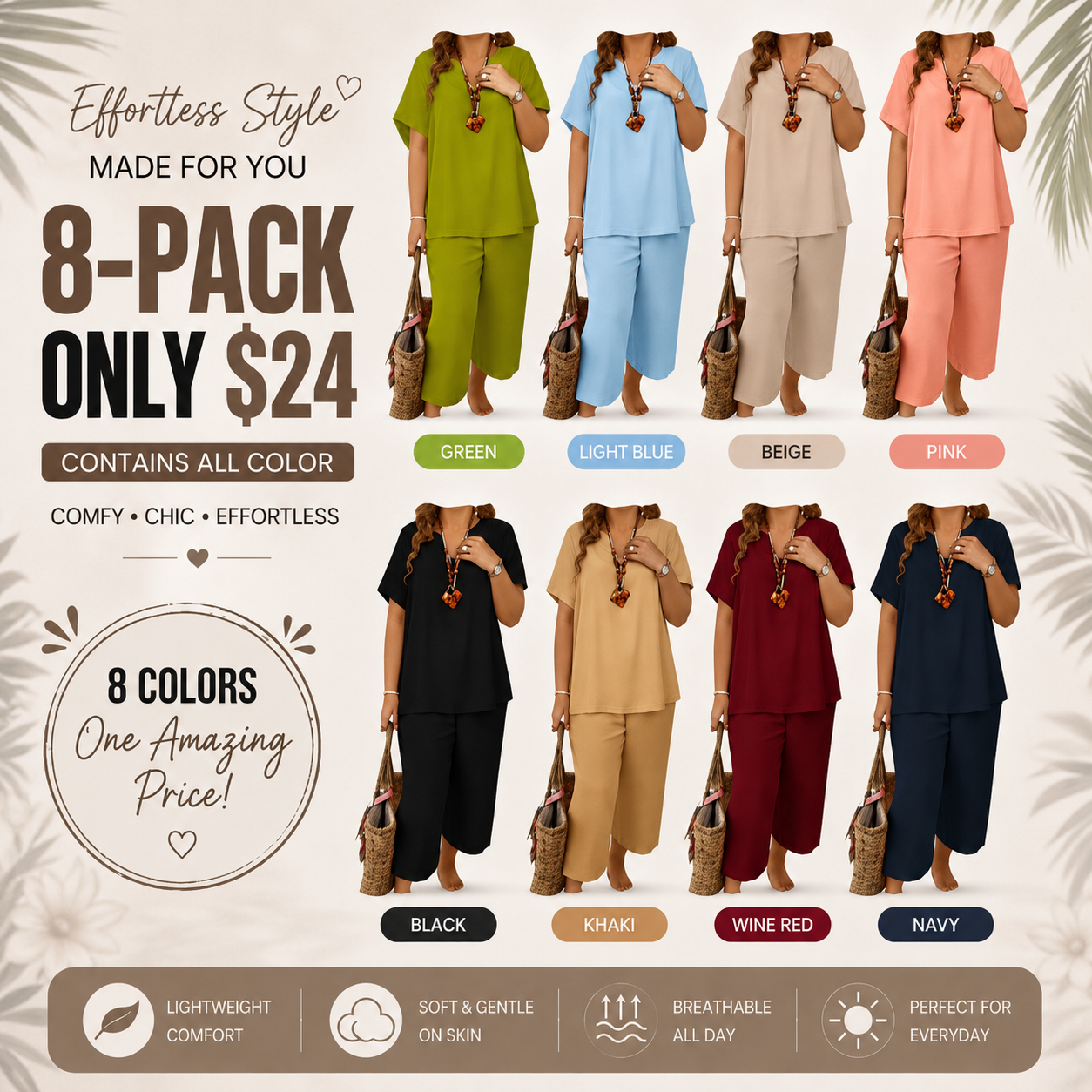 Women’s Casual Solid Short Sleeve Top & Wide Leg Pants 2-Piece Lounge Set
