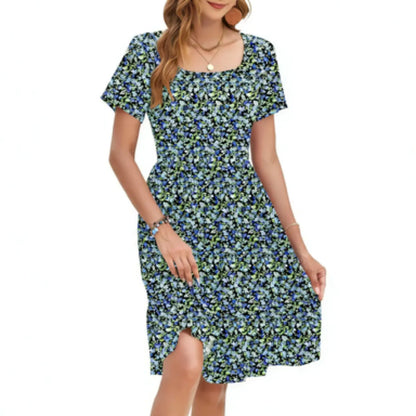🌴 Vacation-Ready Floral Sundress – Square Neck Ruffle Sleeve Dress with Pockets