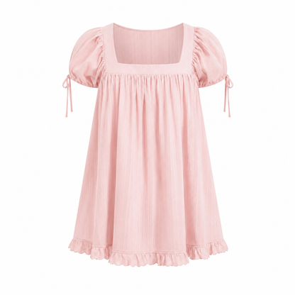 Women’s Square Neck Puff Sleeve Blouse – Ruffle Trim Tie Detail Summer Casual Top, Feminine Short Sleeve Shirt