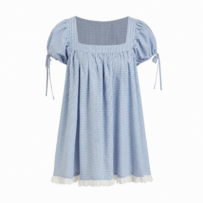 Women’s Square Neck Puff Sleeve Blouse – Ruffle Trim Tie Detail Summer Casual Top, Feminine Short Sleeve Shirt