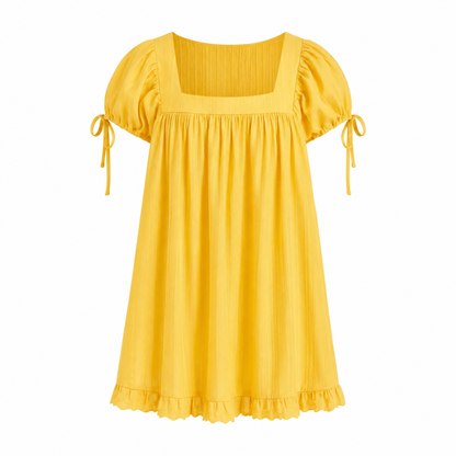 Women’s Square Neck Puff Sleeve Blouse – Ruffle Trim Tie Detail Summer Casual Top, Feminine Short Sleeve Shirt