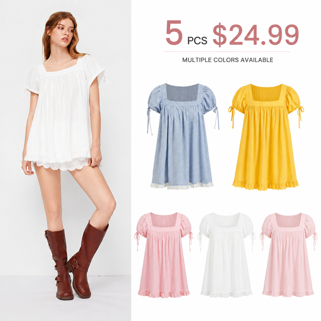 Women’s Square Neck Puff Sleeve Blouse – Ruffle Trim Tie Detail Summer Casual Top, Feminine Short Sleeve Shirt