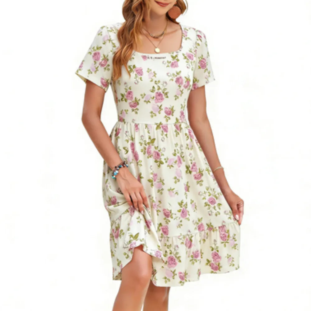 🌴 Vacation-Ready Floral Sundress – Square Neck Ruffle Sleeve Dress with Pockets