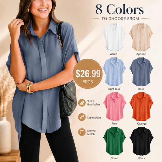 Women's V Neck Button Down Blouse – Oversized Short Sleeve Casual Top