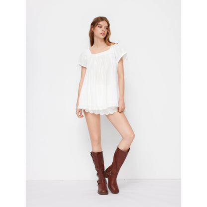 Women’s Square Neck Puff Sleeve Blouse – Ruffle Trim Tie Detail Summer Casual Top, Feminine Short Sleeve Shirt