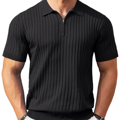 Men's Zipper Polo Shirts Short Sleeve Ribbed Knit Polo T Shirts Fashion Casual Golf Shirts Fabric Menswear Classic