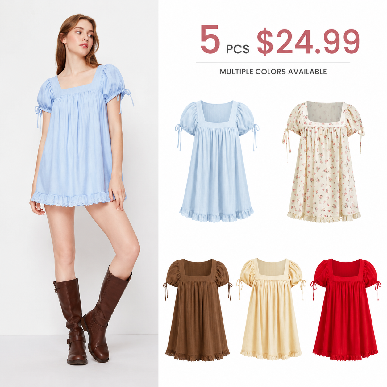 Women’s Square Neck Puff Sleeve Blouse – Ruffle Trim Tie Detail Summer Casual Top, Feminine Short Sleeve Shirt